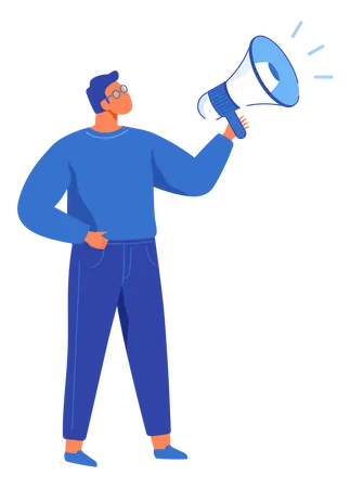 Man Speaks Into Megaphone Guy In Glasses Agitator Calling For Something Male Character Shouts Into Loudspeaker To Advertise SMM Marketing Strategy To Attract Customers Person Says Advertisement Illustration