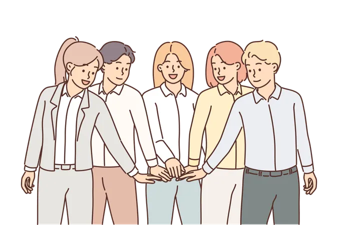 Group businesspeople put their hands together to maintain friendly atmosphere in team  Illustration