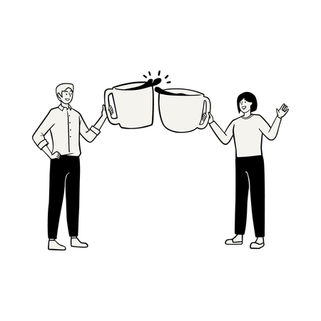 Group Cheering with Large Coffee Mugs  Illustration