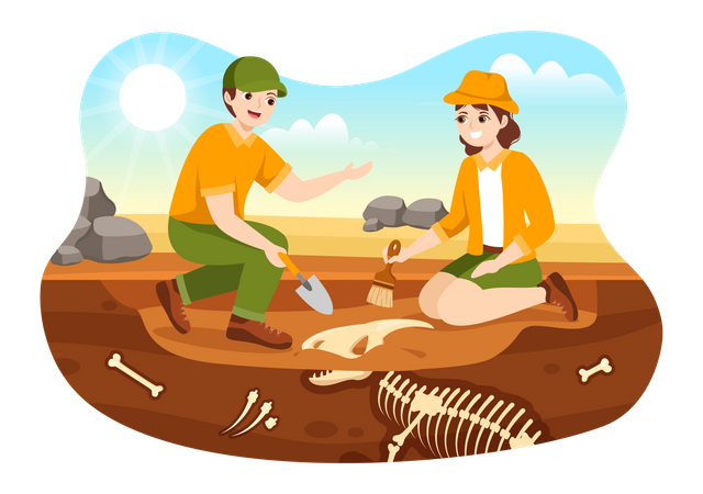Group of archeologist finding fossil remains  Illustration