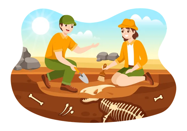 Group of archeologist finding fossil remains Illustration