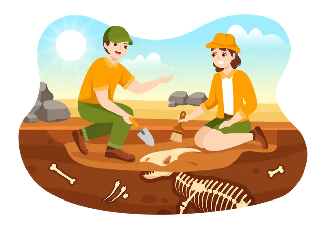 Group of archeologist finding fossil remains  Illustration