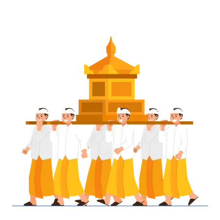 Group Of Balinese Boys Carry Sacred Object On Shoulder Illustration