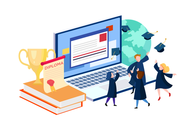 Group of boys and girls graduated through online learning  イラスト