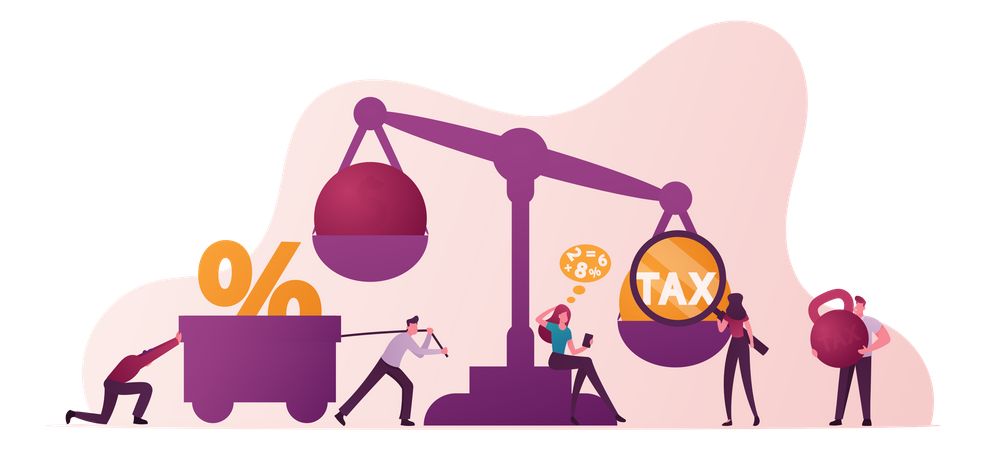 Group Of Business People Near Scales With Tax And Money Weight Illustration