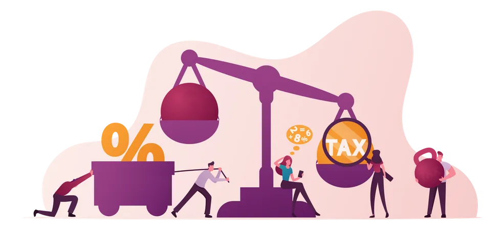 Group Of Business People Near Scales With Tax And Money Weight Illustration