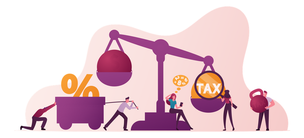 Group Of Business People Near Scales With Tax And Money Weight  Illustration