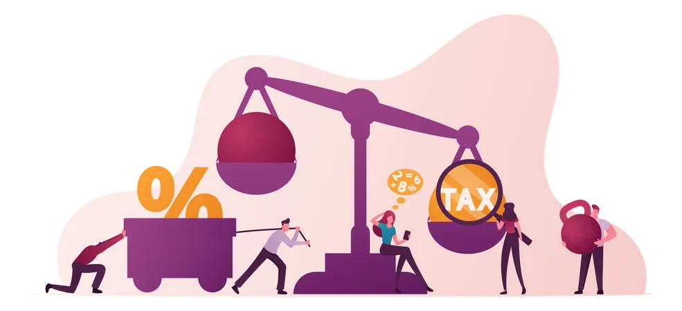 Group Of Business People Near Scales With Tax And Money Weight  Illustration