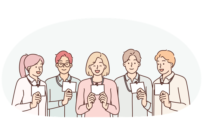 Group of business people with badges working in same department of large corporation  Illustration
