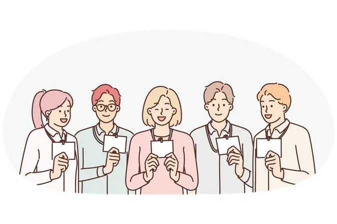 Group of business people with badges working in same department of large corporation  Illustration