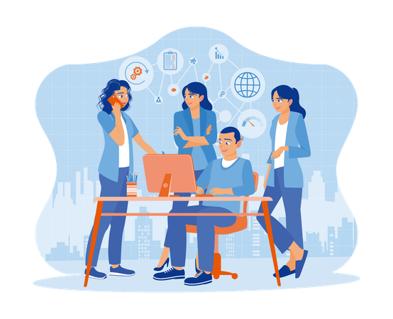 Group of business people working together as a team at the office desk  Illustration