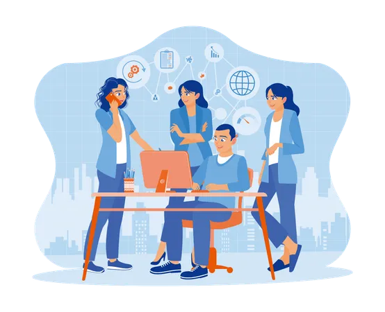 Group of business people working together as a team at the office desk  Illustration
