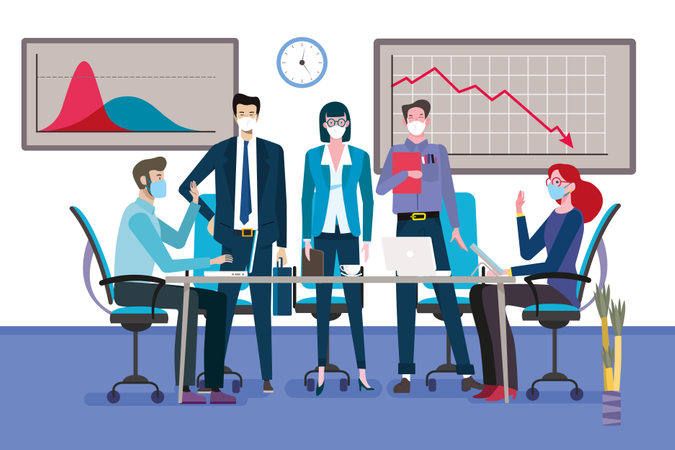Group of businessmen and women as teamwork standing around a meeting table with face mask.  Illustration