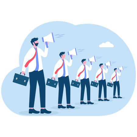 Group of businessmen holding megaphone while standing in row  Illustration