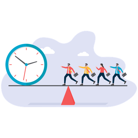 Group of businessmen on balanced lever all run to side of clock  Illustration