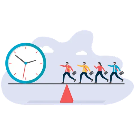 Group of businessmen on balanced lever all run to side of clock  Illustration