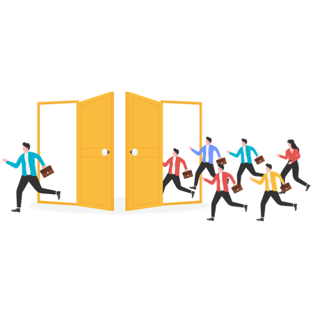 Group of businessmen ran into open door together but only one businessman managed to get out  Illustration