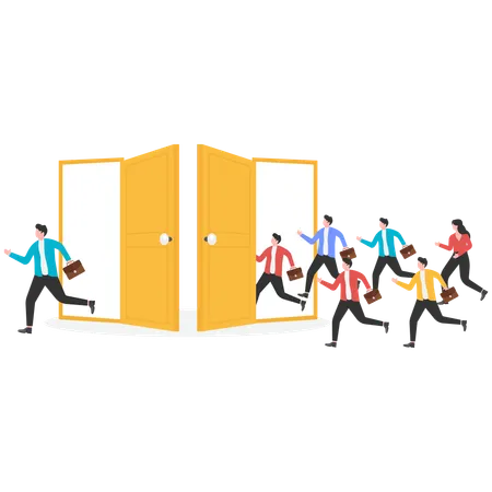 Group of businessmen ran into open door together but only one businessman managed to get out  Illustration