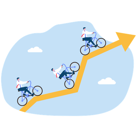 Group of Businessmen riding cycle on growth chart  Illustration