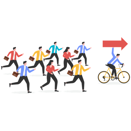 Group of businessmen run forward following red arrow  Illustration