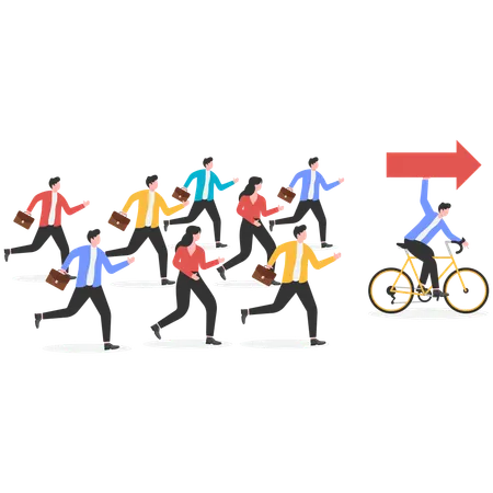 Group of businessmen run forward following red arrow  Illustration