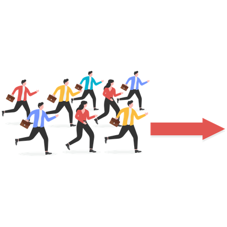 Group of businessmen run forward following red arrow  Illustration