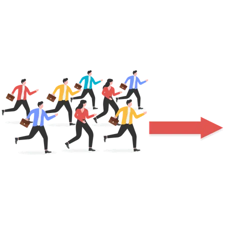 Group of businessmen run forward following red arrow  Illustration