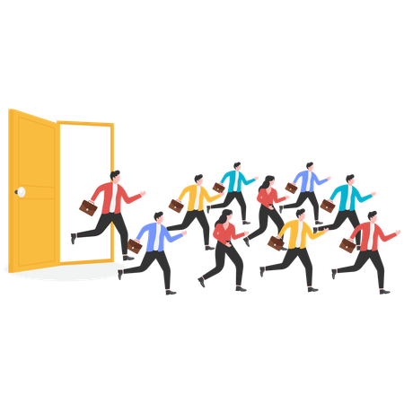 Group of businessmen run from door to outside  Illustration