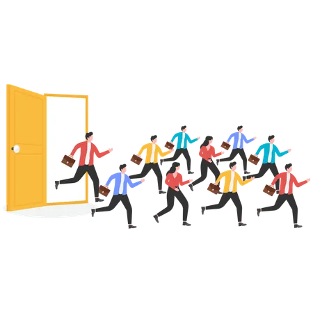 Group of businessmen run from door to outside  Illustration