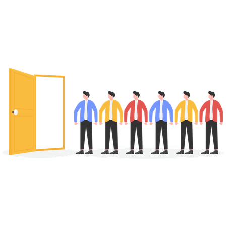 Group of businessmen standing inside open door and waiting in line  Illustration