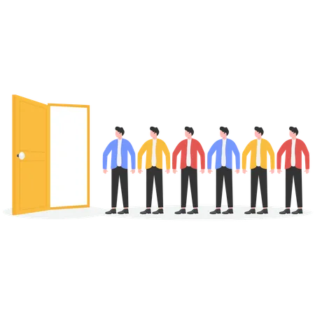 Group of businessmen standing inside open door and waiting in line  Illustration