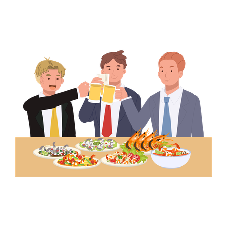 Group of businessmen toasting beer and sharing seafood dishes during office party in friendly atmosphere  Illustration
