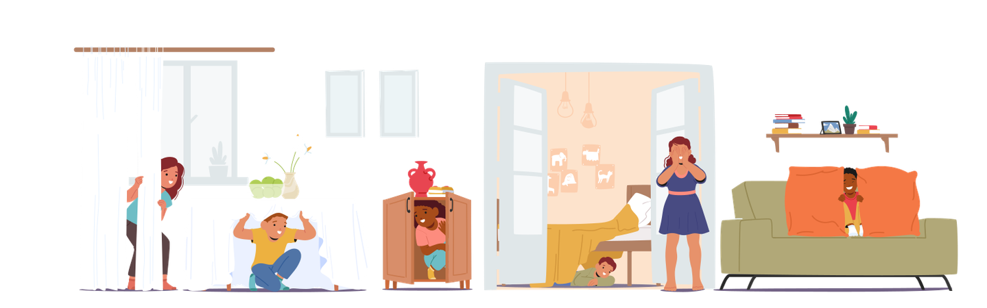 Group Of Children Playfully Engaging In Game Of Hide And Seek Inside  House Setting  Illustration