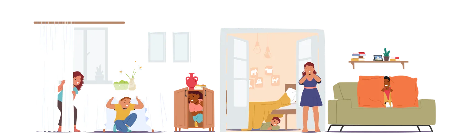 Group Of Children Playfully Engaging In Game Of Hide And Seek Inside  House Setting  Illustration