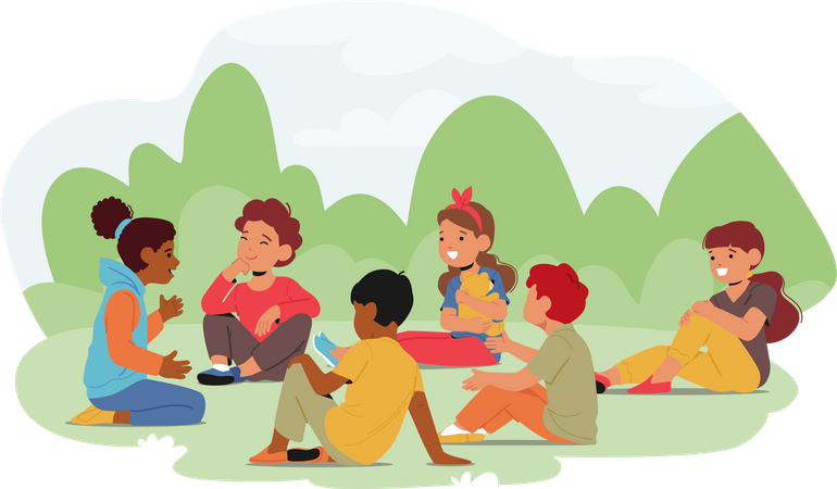 Group Of Children Sitting On Field  Illustration