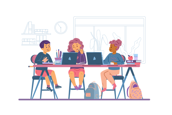 Group of children study online sitting at desk with laptop computers and books  Illustration