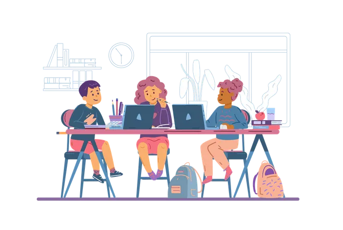 Group of children study online sitting at desk with laptop computers and books  Illustration