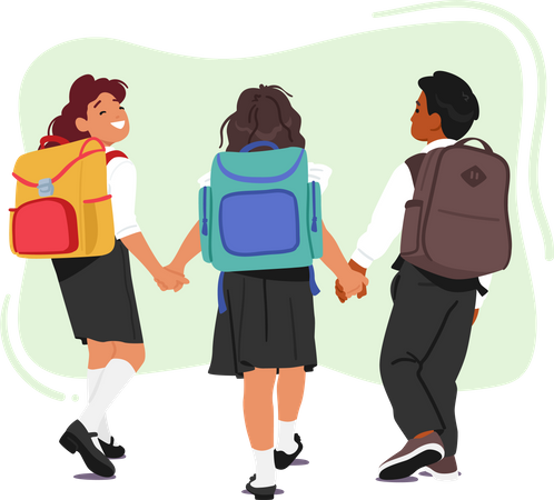 Group Of Children With Backpacks And Walking Together In Neat Line Towards School  Illustration