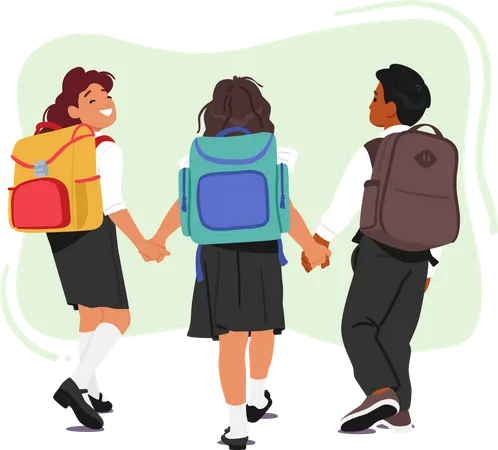 Group Of Children Characters With Backpacks On Their Backs Walking Together In A Neat Line Towards School Their Curious Faces Full Of Excitement And Anticipation Cartoon People Vector Illustration Illustration