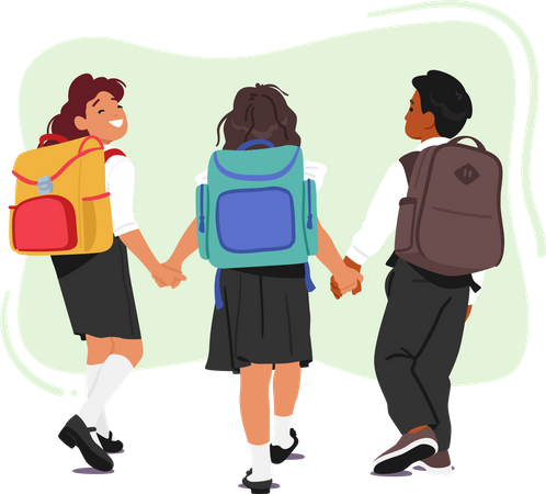 Group Of Children With Backpacks And Walking Together In Neat Line Towards School  Illustration