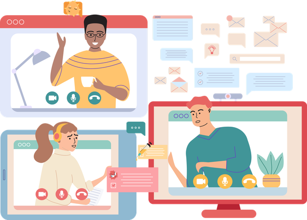 Group of colleagues taking part in video conference  Illustration