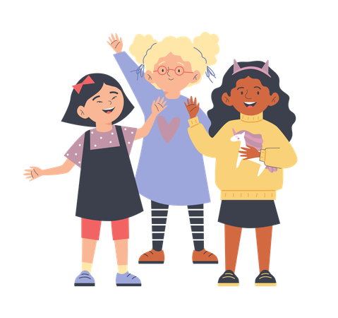 Group of diverse child girls happily waving hands  Illustration