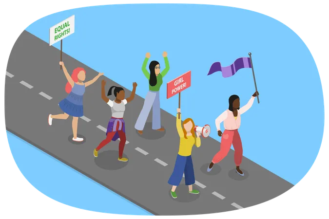 3 D Isometric Flat Vector Illustration Of Angry Feminist Protester Group Of Diverse People At Picket Illustration