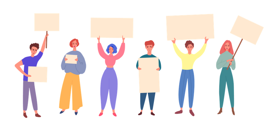 Group of diverse people cartoon characters holding blank banners or placards  Illustration