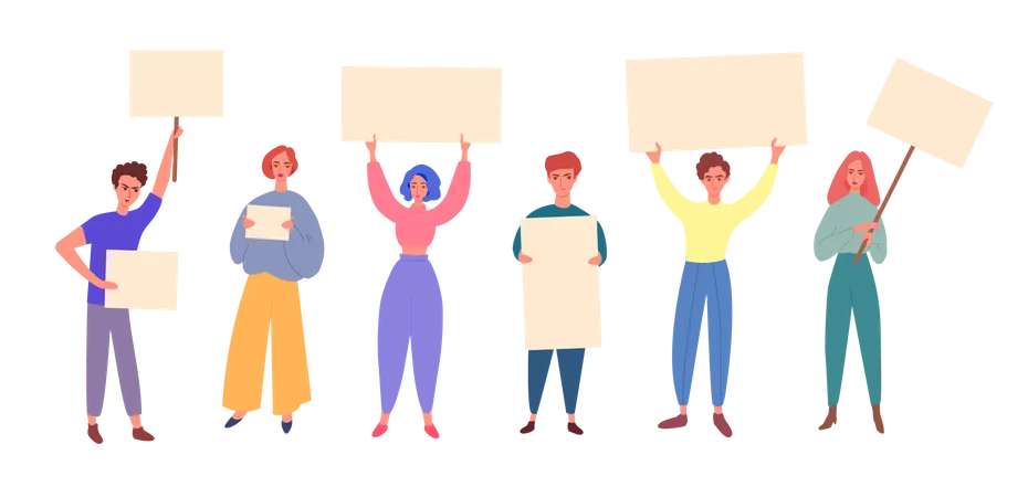 Group of diverse people cartoon characters holding blank banners or placards  Illustration