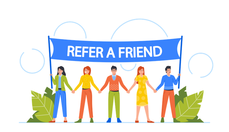 Group Of Diverse People Holding Hands And Large Banner That Reads Refer Friend  Illustration