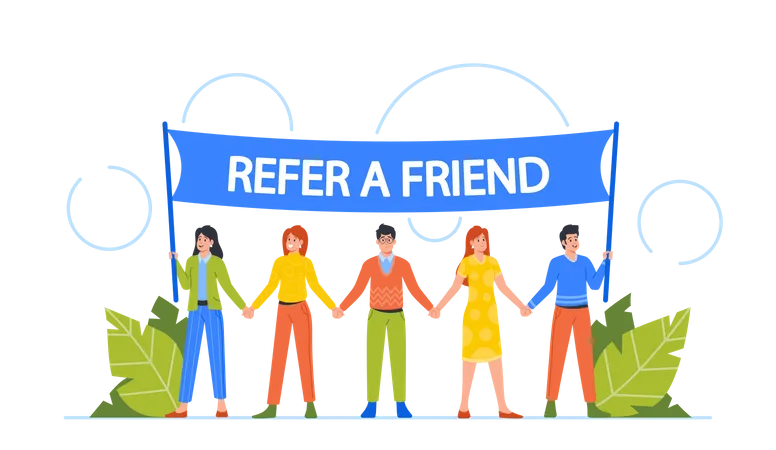 Group Of Diverse People Holding Hands And Large Banner That Reads Refer Friend  Illustration