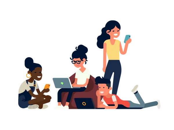 Group of diverse people using devices  Illustration