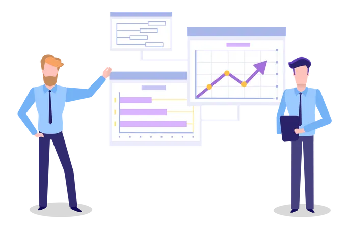 Visualize With Business Analytics People Work With Statistical Data Analysis Changing Indicators Employees Analyze Statistical Indicators Business Data Characters Work With Marketing Research Illustration
