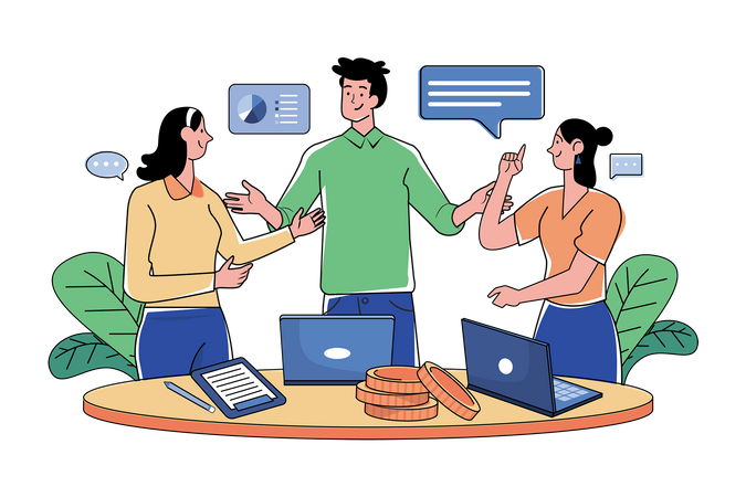Group Of Employees Discussing Work At The Desk  Illustration
